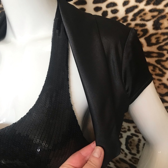 Plunging Neckline Black Sequin H & M Dress w/ Satin Le Chateau Bolero Jacket - Picture 11 of 15